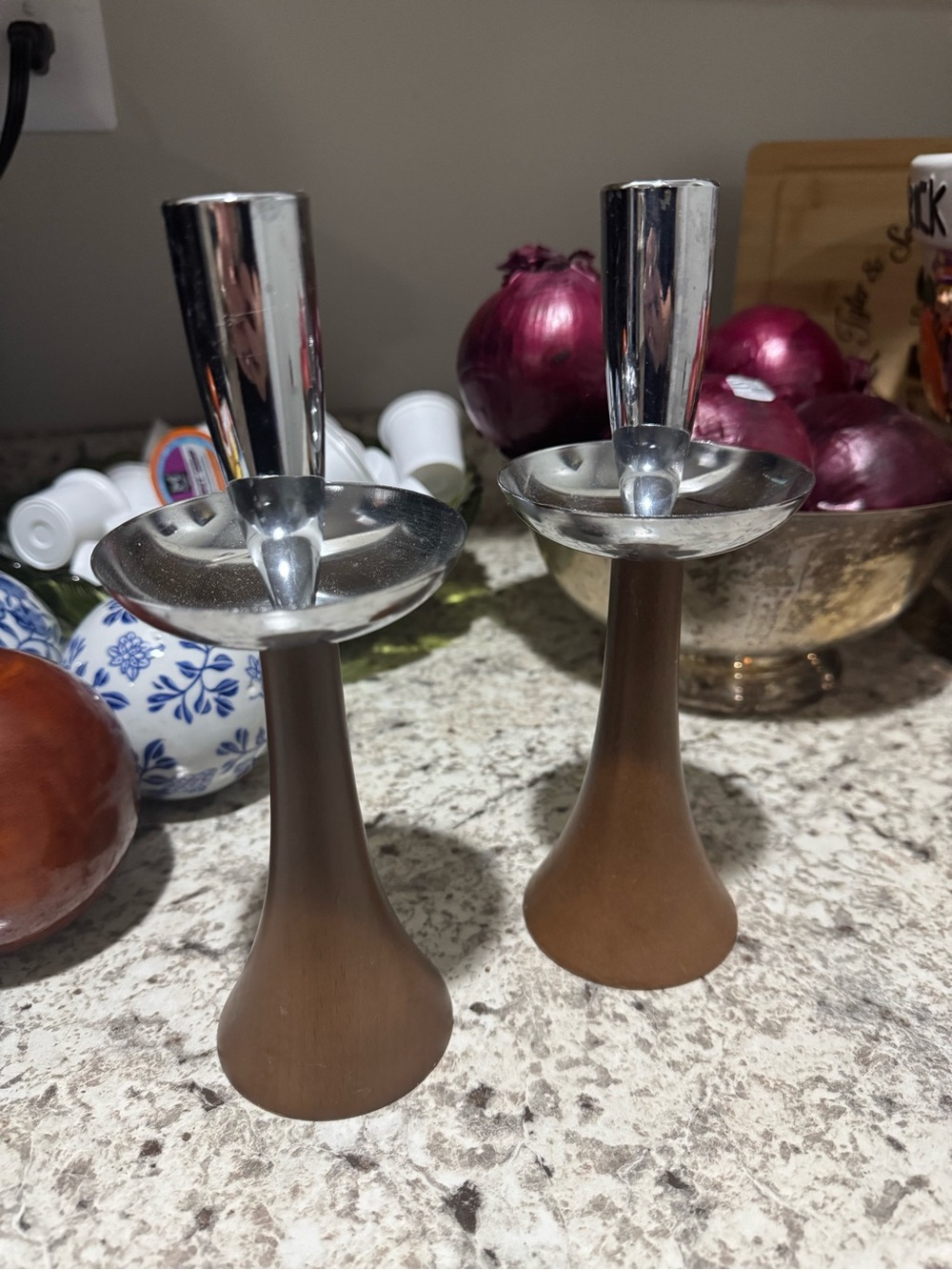 Vintage Danish Mid Century Modern Wood and Chrome Candle Holders